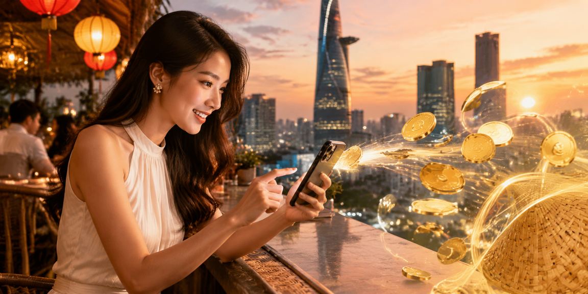 Người phụ nữ Việt Nam đội nón lá tại TP.HCM nhận cashback bonus từ nền tảng d66