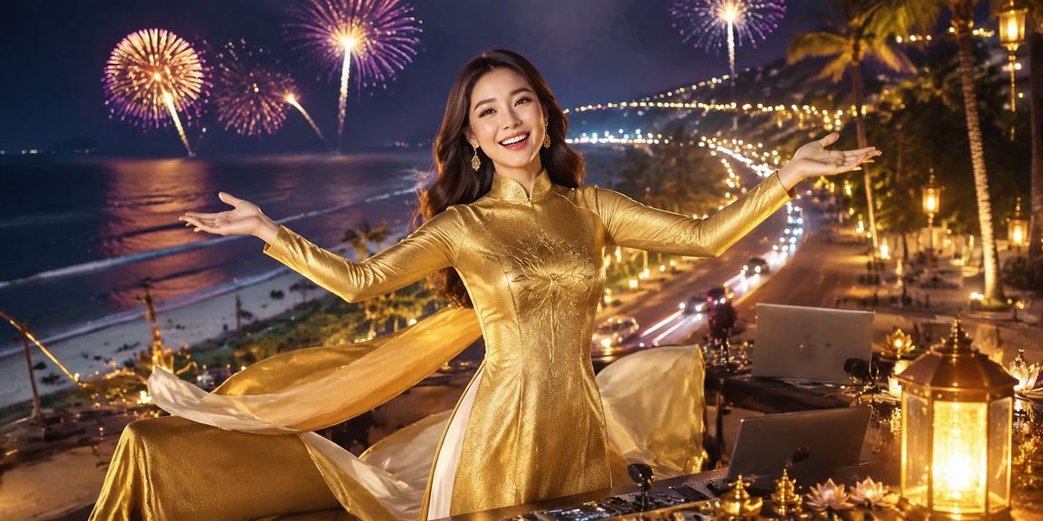 Người chơi đặt cược casino trên điện thoại tại bãi biển Mũi Né với áo dài truyền thống